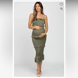 Olive Satin Smocked Fitted Maternity Midi Dress